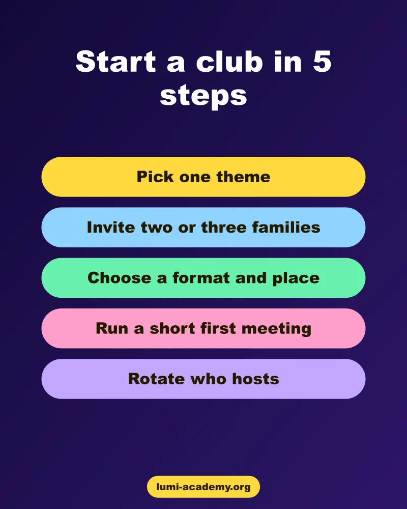 Five steps for starting a homeschool club such as a book club or LEGO club