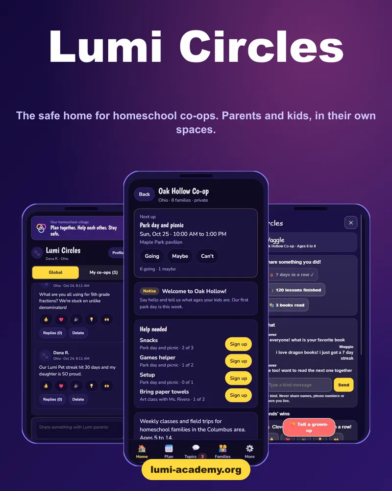 Lumi Circles screens on a phone: the parents' feed, a co-op home with the next meetup and a kids' room