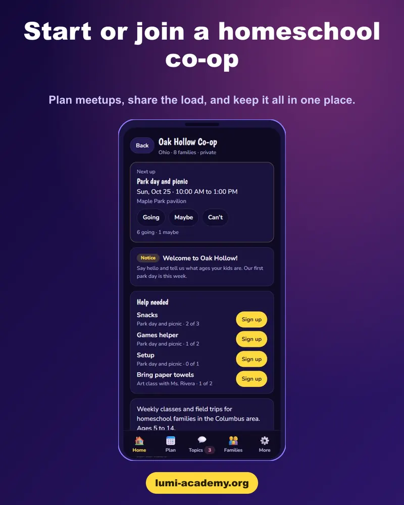 A co-op home screen in Lumi Circles showing the next meetup, RSVPs and volunteer sign-up spots